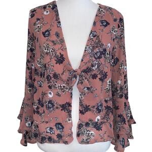 By Together Tie Front Floral Ruffled Blouse Sz Large